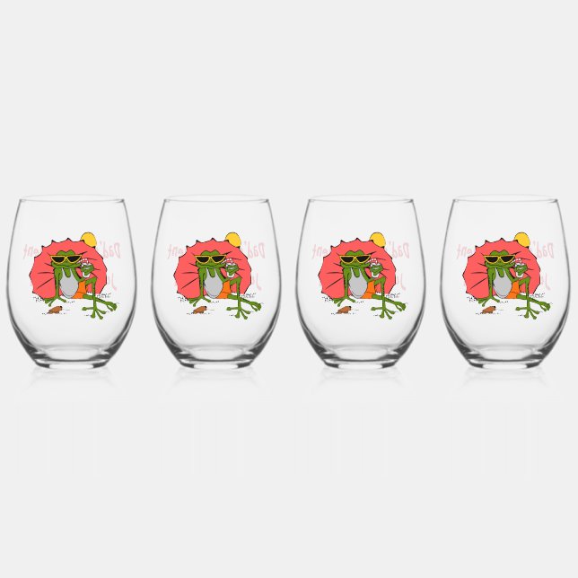 Cartoon Frog with Umbrella Retirement Party Stemless Wine Glass (Front)