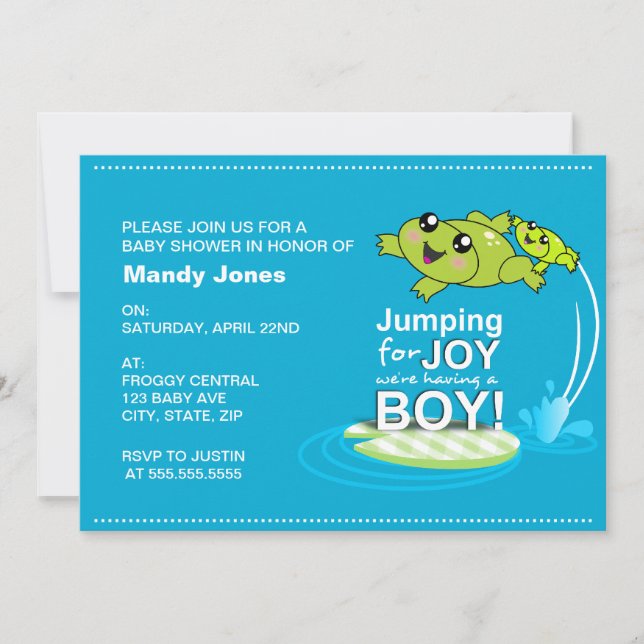 Cartoon frogs jumping for joy Blue Boy Baby Shower Invitation (Front)