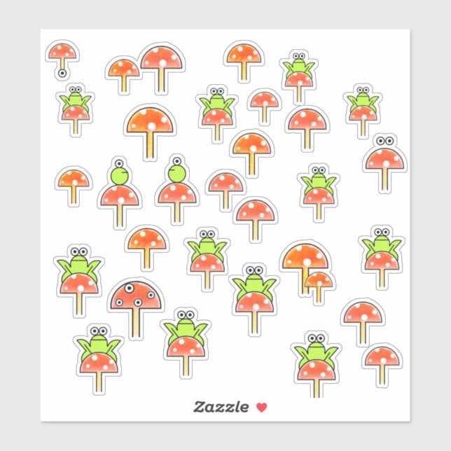 Cartoon Frogs on Toadstools & Fairy Mushrooms Sticker (Sheet)