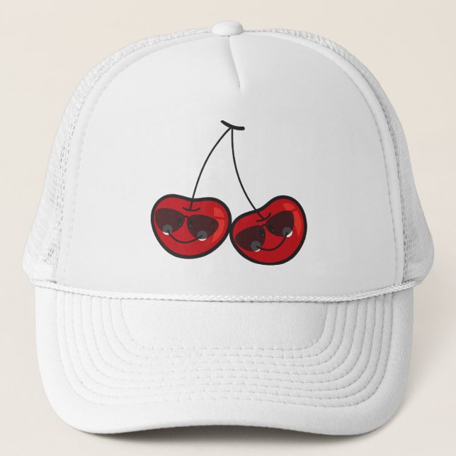 Cartoon Fun & Cool Cheeky Cherries With Sunglasses Trucker Hat (Front)