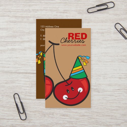 Cartoon Fun  Red Cheeky Cherries With Party Hats Business Card