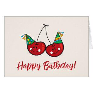 Cartoon Fun & Red Cheeky Cherries With Party Hats Cards