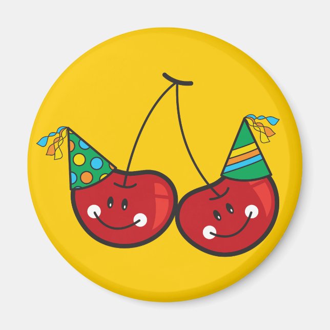 Cartoon Fun & Red Cheeky Cherries With Party Hats Magnet (Front)