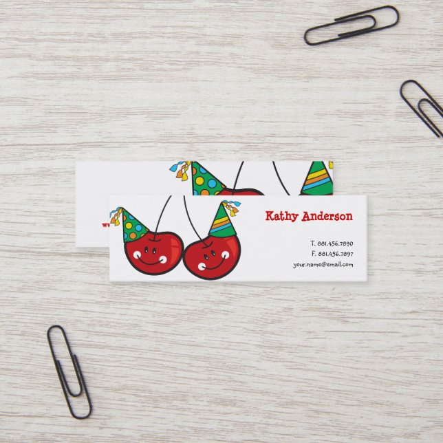 Cartoon Fun & Red Cheeky Cherries With Party Hats Mini Business Card (Front/Back In Situ)