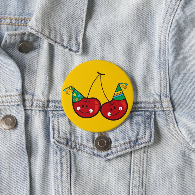 Cartoon Fun & Red Cheeky Cherries With Party Hats Pinback Button (In Situ)