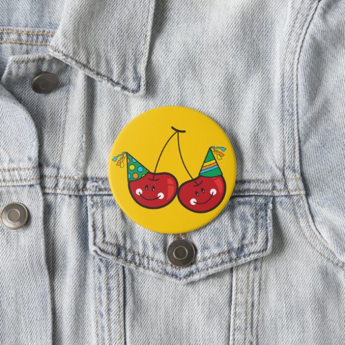 Cartoon Fun  Red Cheeky Cherries With Party Hats Pinback Button