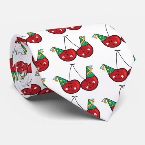 Cartoon Fun  Red Cheeky Cherries With Party Hats Tie