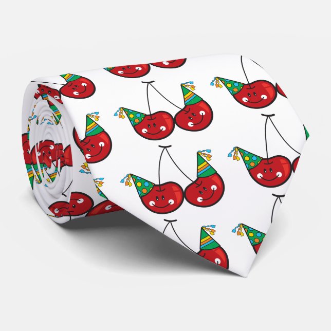 Cartoon Fun & Red Cheeky Cherries With Party Hats Tie (Rolled)