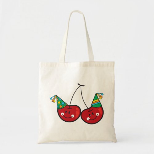 Cartoon Fun  Red Cheeky Cherries With Party Hats Tote Bag