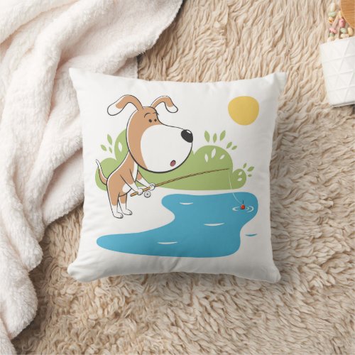 Cartoon Funny Cute Dog Puppy Fishing Sun Lake Throw Pillow