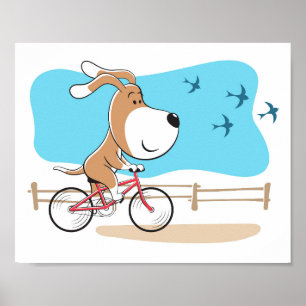 Cartoon Funny Dog Puppy Biking Bicycle Sport Poste Poster