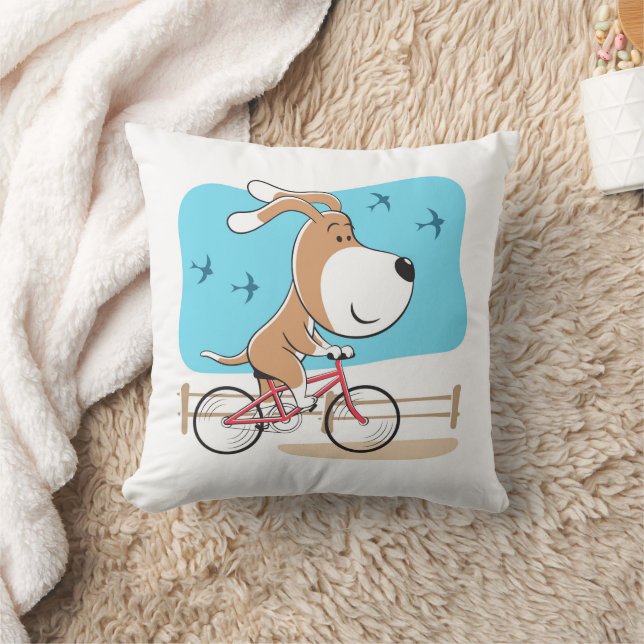 Cartoon Funny Dog Puppy Biking Bicycle Sport Throw Pillow (Blanket)