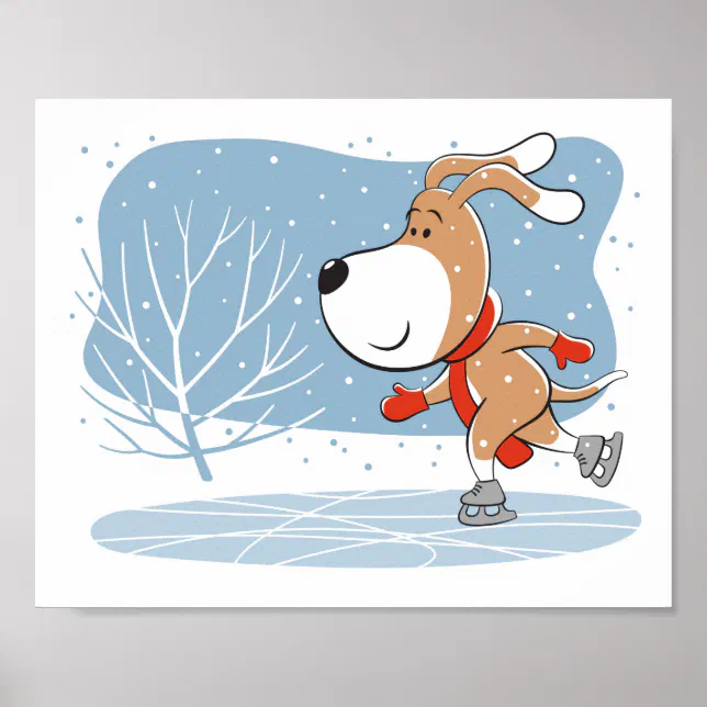 Dog Ice Rink Sign Cartoon Funny Dog Puppy Ice Skating Winter Poster | Zazzle