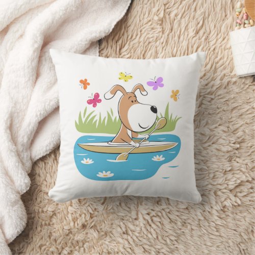 Cartoon Funny Dog Puppy Kayaking Kayak Water Sport Throw Pillow