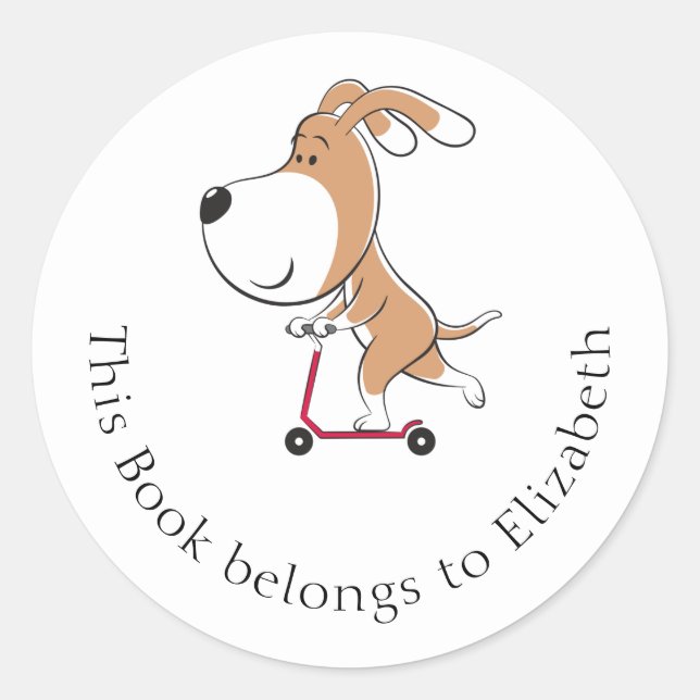 Cartoon Funny Dog Puppy Kick Scooter Bookplate (Front)