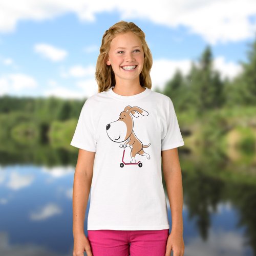 Cartoon Funny Dog Puppy Kick Scooter Girl T_Shirt