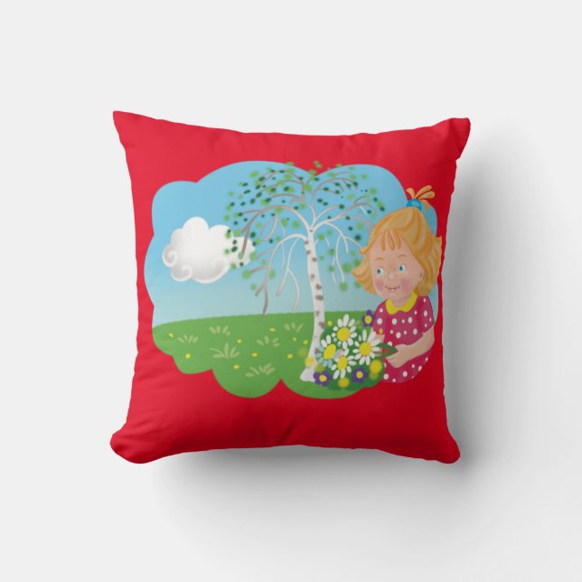 Cartoon funny girl in the meadow and flowers  throw pillow (Front)