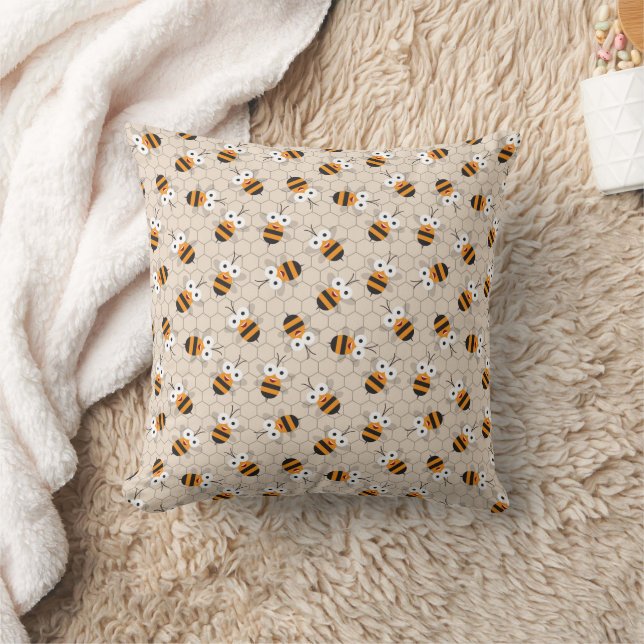 Cartoon Funny Honey Bee Honeycomb Pattern Throw Pillow (Blanket)