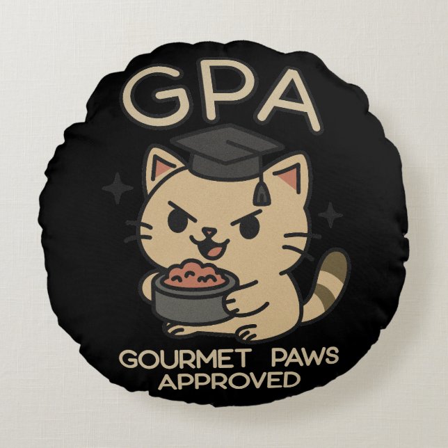 Cartoon Funny Scholar Cat Tuna Paws Round Pillow (Front)