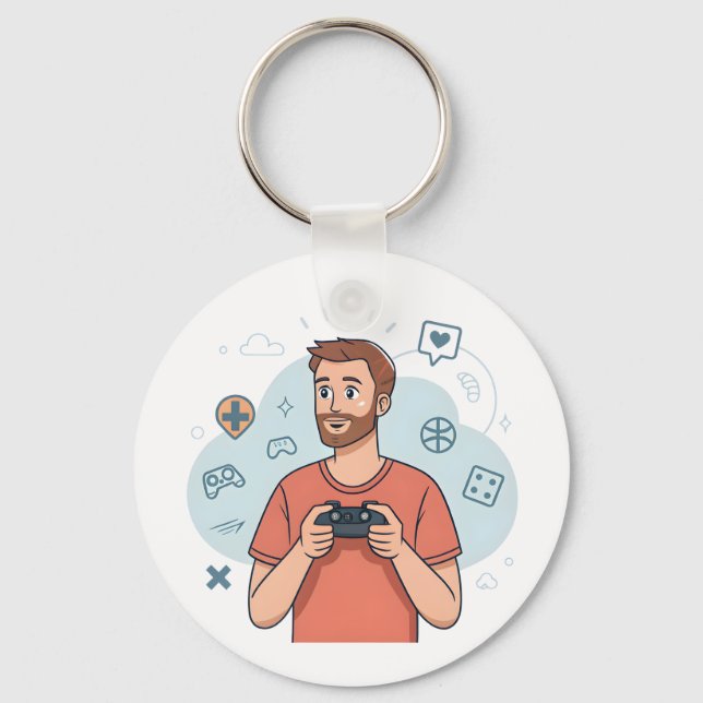Cartoon Gamer Character Illustration Keychain (Front)