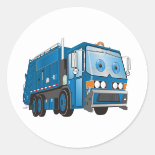 Cartoon Garbage Truck Blue Classic Round Sticker