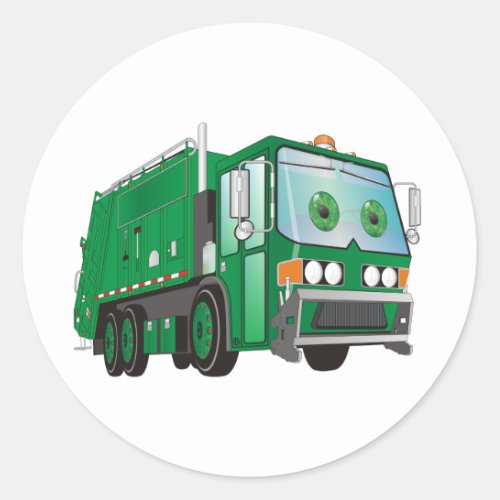 Cartoon Garbage Truck Green Classic Round Sticker