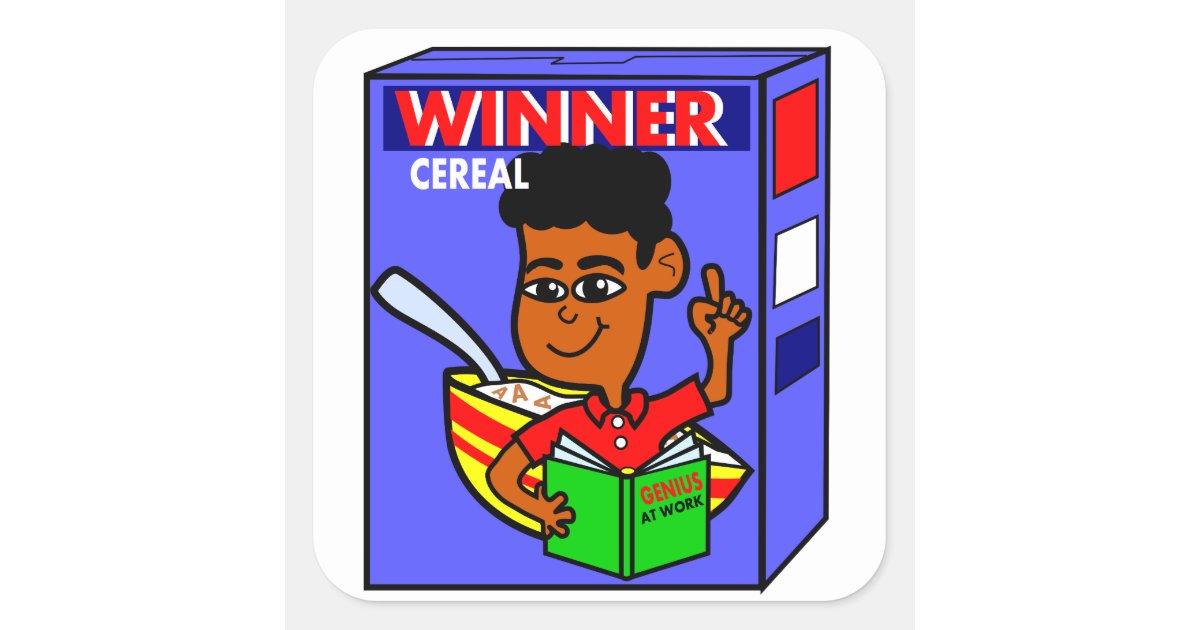 Cartoon Genius Box on Cereal Box Square Sticker | Zazzle