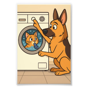 Cartoon German Shepherd and Cat Laundry Art Photo Print