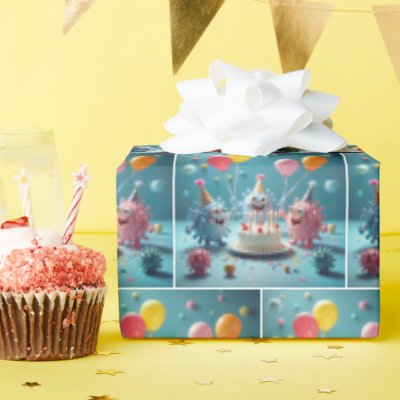 Cartoon Germs Celebrating a Birthday Wrapping Paper