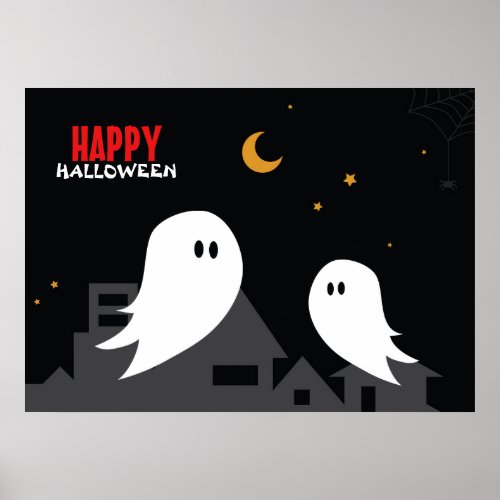 Cartoon ghost in town streets halloween night poster