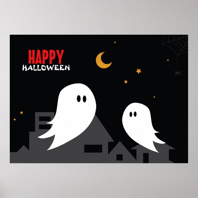 Cartoon ghost in town streets halloween night poster (Front)
