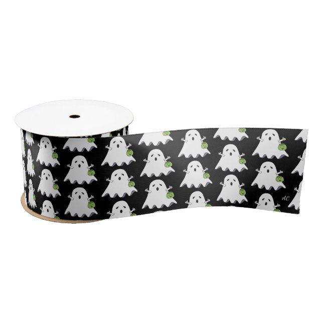 Cartoon Ghost Trick-or-Treater Black Ribbon (Spool)