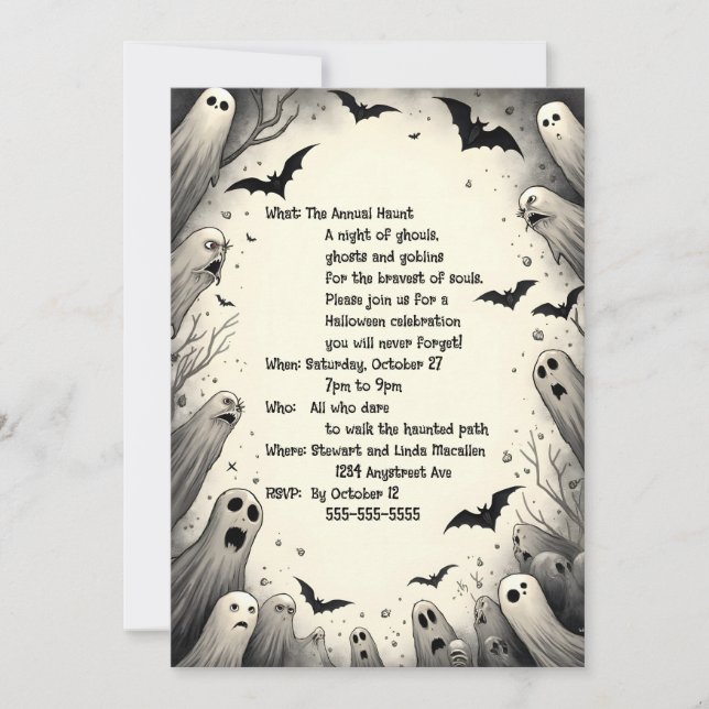 Cartoon Ghosts and Bats Halloween Invitation (Front)