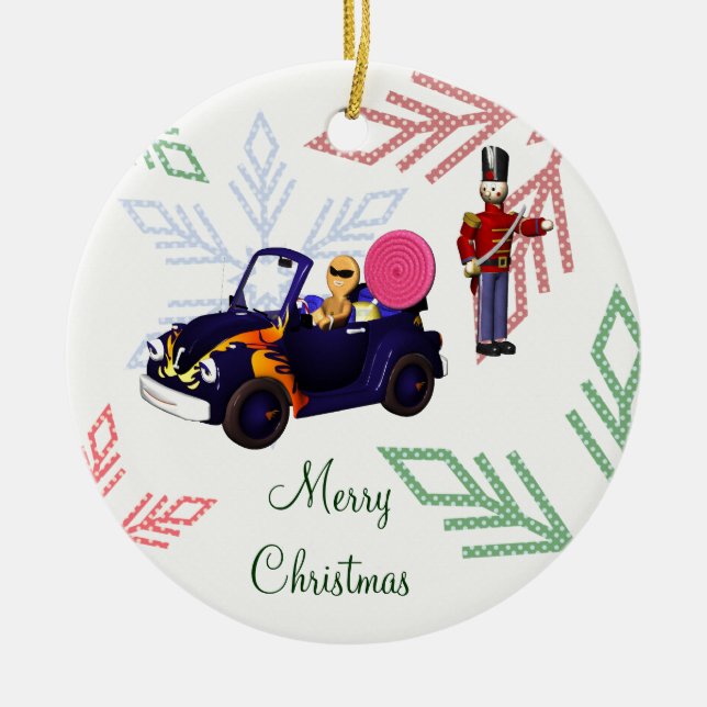 Cartoon Gingerbread Cruising in a Toy Car Ceramic Ornament (Front)