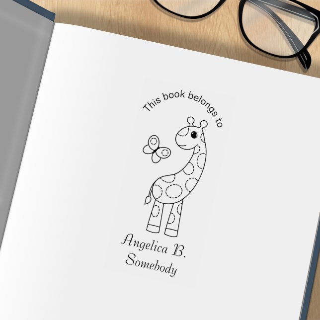 Cartoon Giraffe and Butterfly Color Me Bookplate Rubber Stamp (Creator Uploaded)