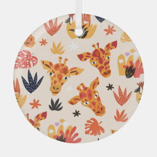 Cartoon Giraffe: Floral Savanna Pattern Glass Ornament