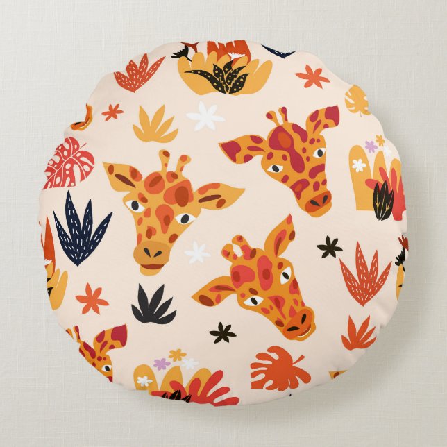 Cartoon Giraffe: Floral Savanna Pattern Round Pillow (Front)