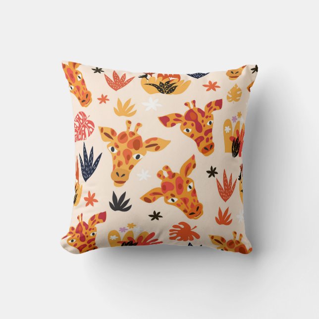 Cartoon Giraffe: Floral Savanna Pattern Throw Pillow (Front)