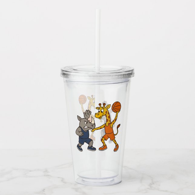Cartoon giraffe & rhino playing basketball acrylic tumbler (Front)