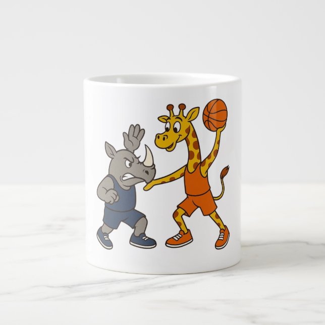 Cartoon giraffe & rhino playing basketball giant coffee mug (Front)
