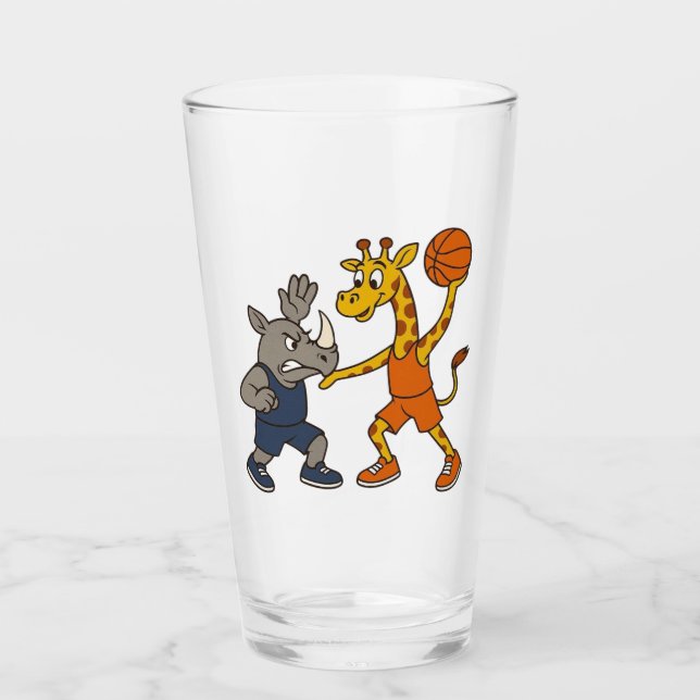 Cartoon giraffe & rhino playing basketball glass (Front)