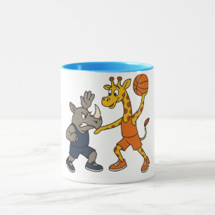 Cartoon giraffe & rhino playing basketball mug