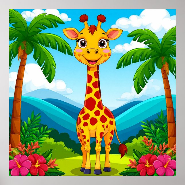 Cartoon Giraffe Safari Animal Wall Art | Kids Room (Front)