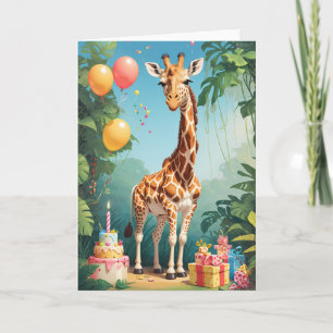 Cartoon Giraffe with Balloons & Cake Card