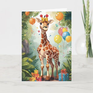 Cartoon Giraffe with Balloons & Presents Card