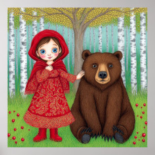 🌲 Cartoon Girl And Bear Forest Wall Art For Kid
