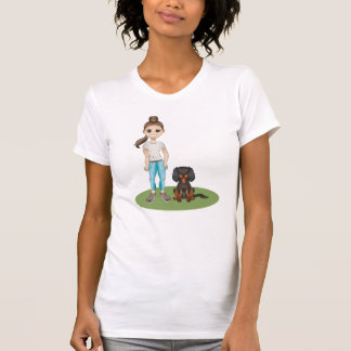 Cartoon Girl &amp; Black And Tan Cavalier Spaniel Dog T-Shirt