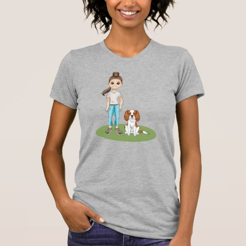 Cartoon Girl  Blenheim Cavalier Dog Illustration T_Shirt