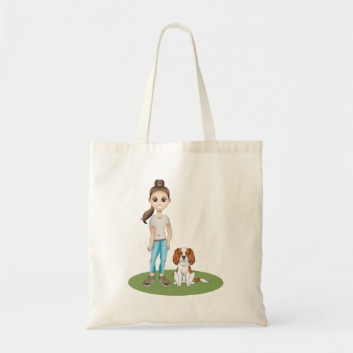 Cartoon Girl  Blenheim Cavalier Dog Illustration Tote Bag
