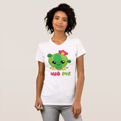 Cartoon girl cactus hug me funny quote green pink T_Shirt